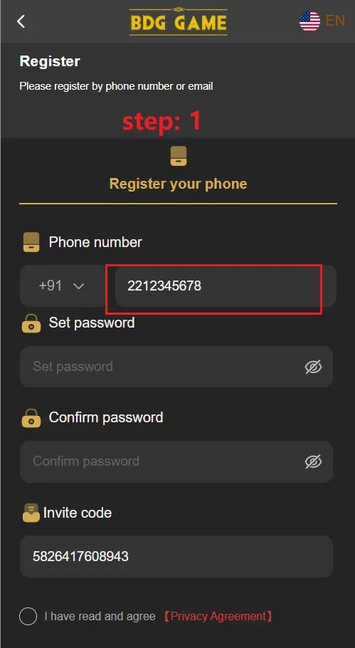bdg game BDG Game register step 1 phone number